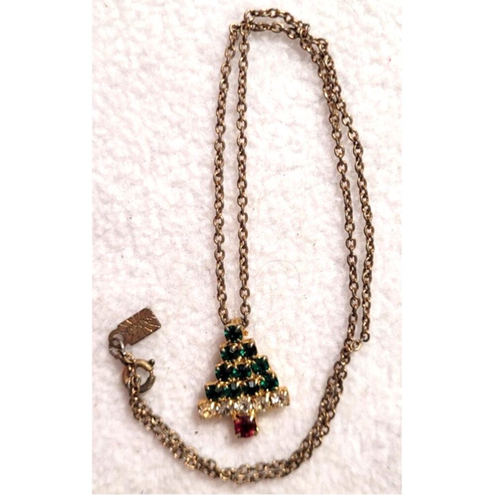 Vtg Emmons Rhinestone Red Green Christmas Tree Pendant Necklace Goldtone Chain